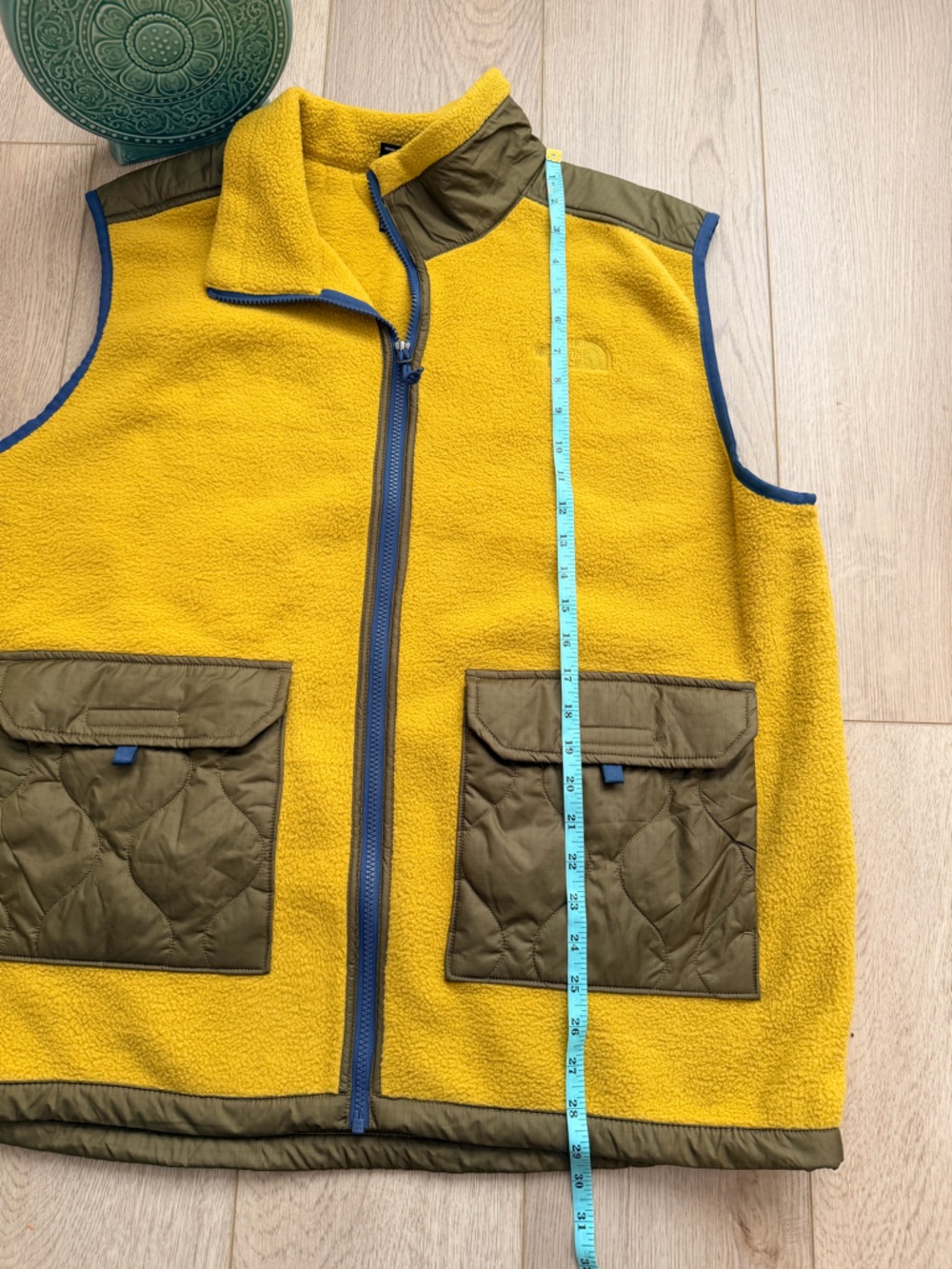 The North Face Yellow Fleece Vest with Olive Patch Pockets and Blue Trim - Picture 11 of 11